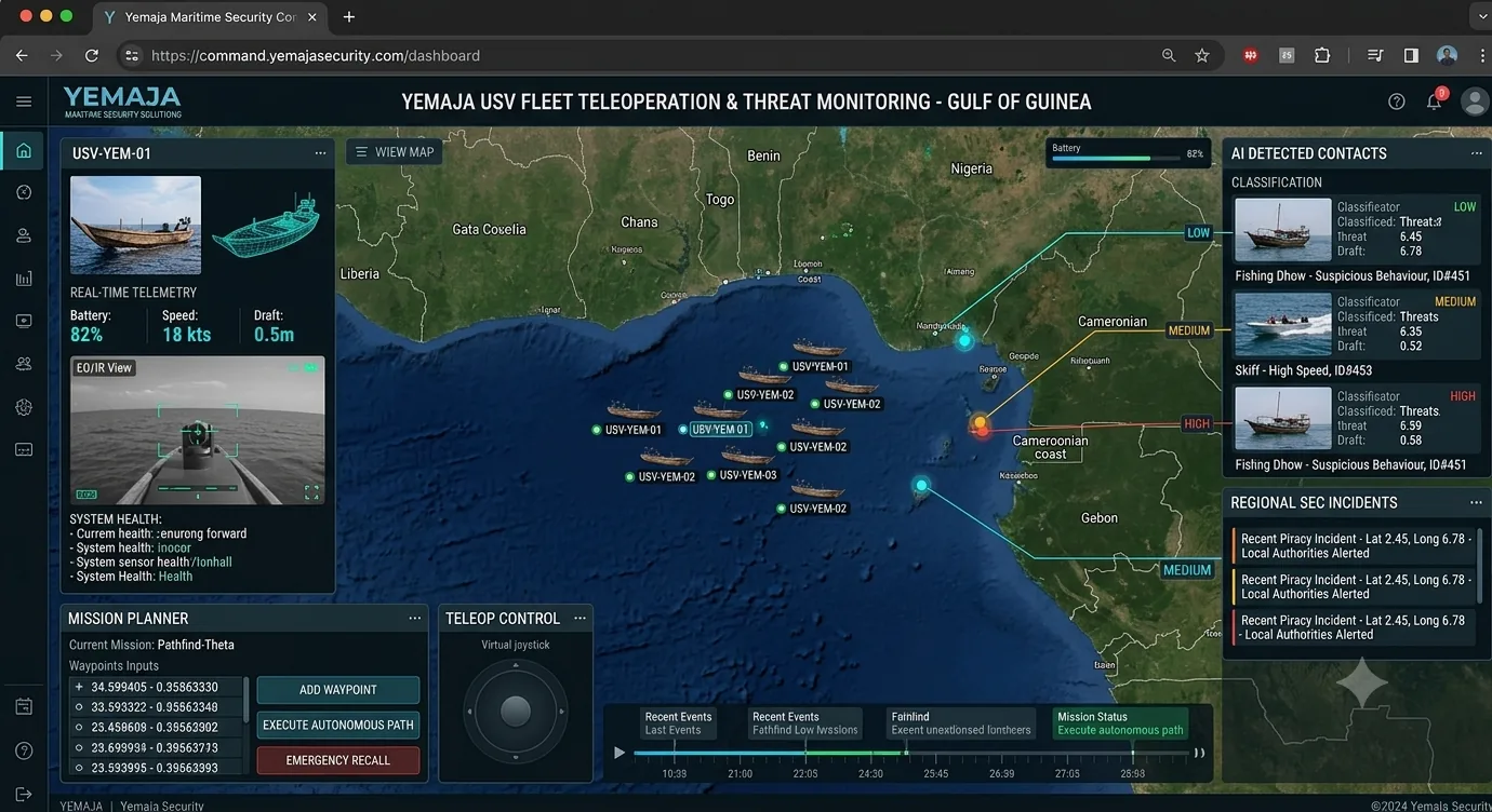 Yemaja command center — USV fleet teleoperation and threat monitoring dashboard
